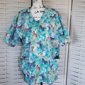 Disney fairies new blue short sleeves woman scrub top size M